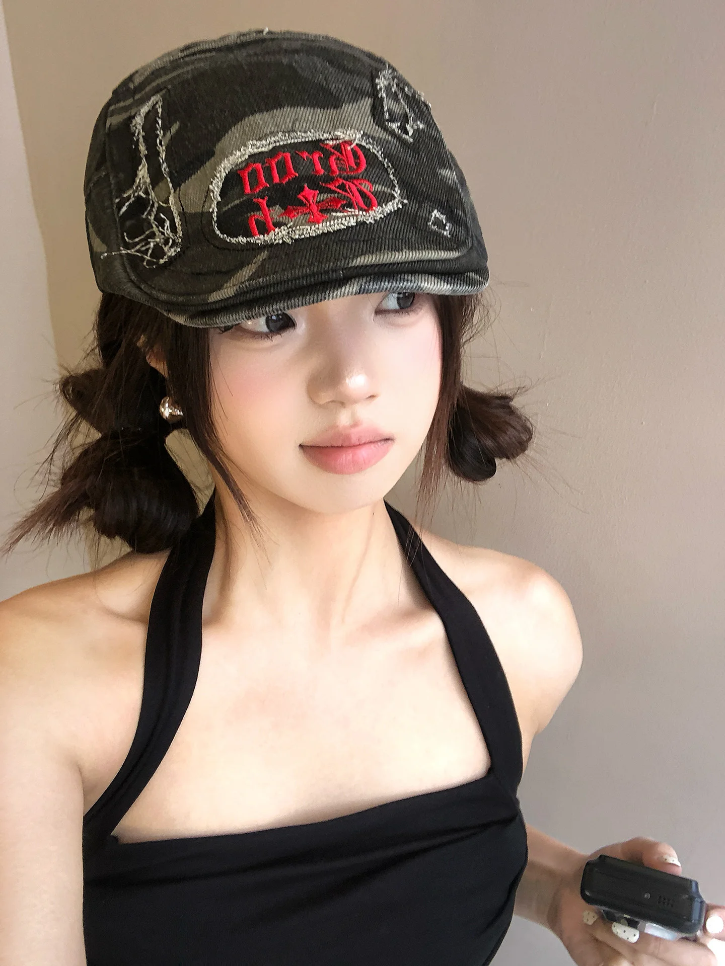 Retro American Hole Punch Camouflage Beret Hat Women Street Fashion Trend Face Slimming Newsboy Cap Short Brim round Top