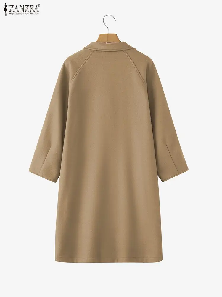ZANZEA 冬用無地ロングアウター レディース 秋用トレンチコート スタイリッシュなウール生地トレンチ 長袖ボタンダウンジャケット 2025