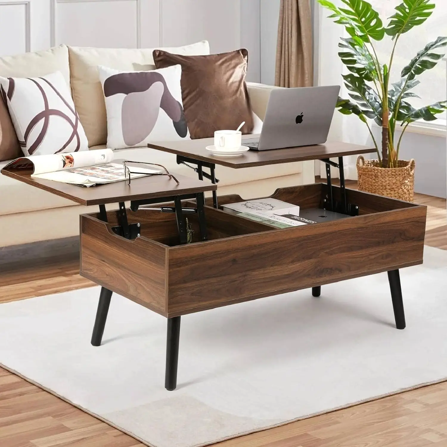 

Walnut Color Lift Top Coffee Table - Double Lift Tabletop Sofa Table with Separate & Hidden Storage