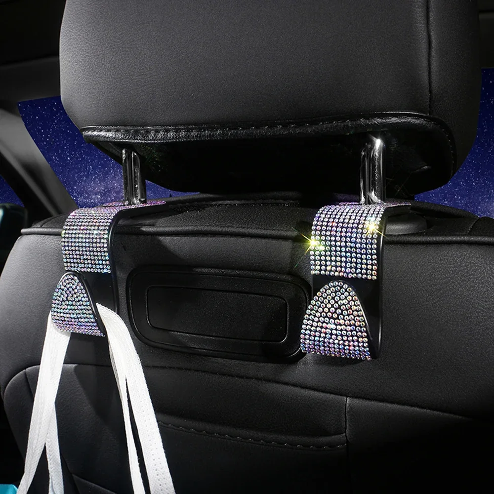 2PCS Car Seat Back Hook Bling Crystal Diamond Hanger Universal Auto Headrest Mount Storage Holder Car Accessories for Girls