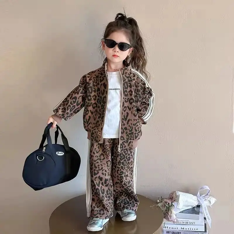 Girls' Spring Set New Style Fashionable Tracksuit Spring and Autumn Children's Leopard Coat Pants 2-piece Set