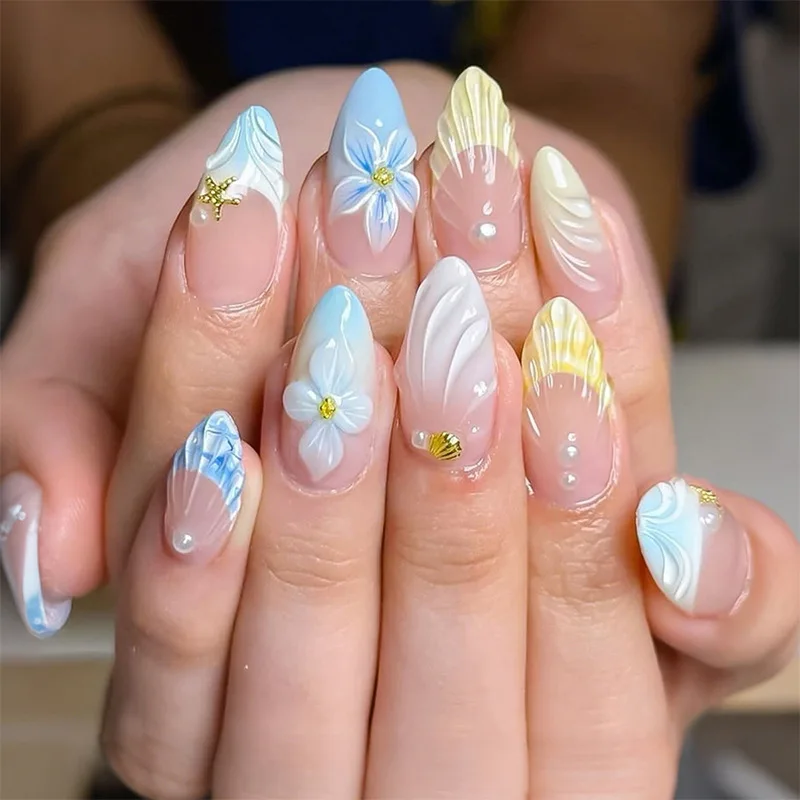

24pcs Almond Press on Nails Set Wearable Fashion Rhinestone Argent Smudge Design False Nail Art French Tips Short Oval Fake Nail