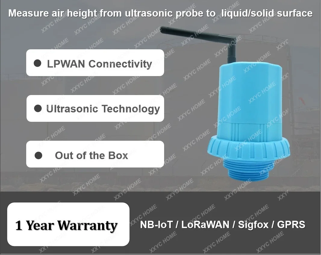 Wireless NB IoT LoRaWAN Sigfox ultrasonic water level sensor for remote monitoring of liquid/solid water levels