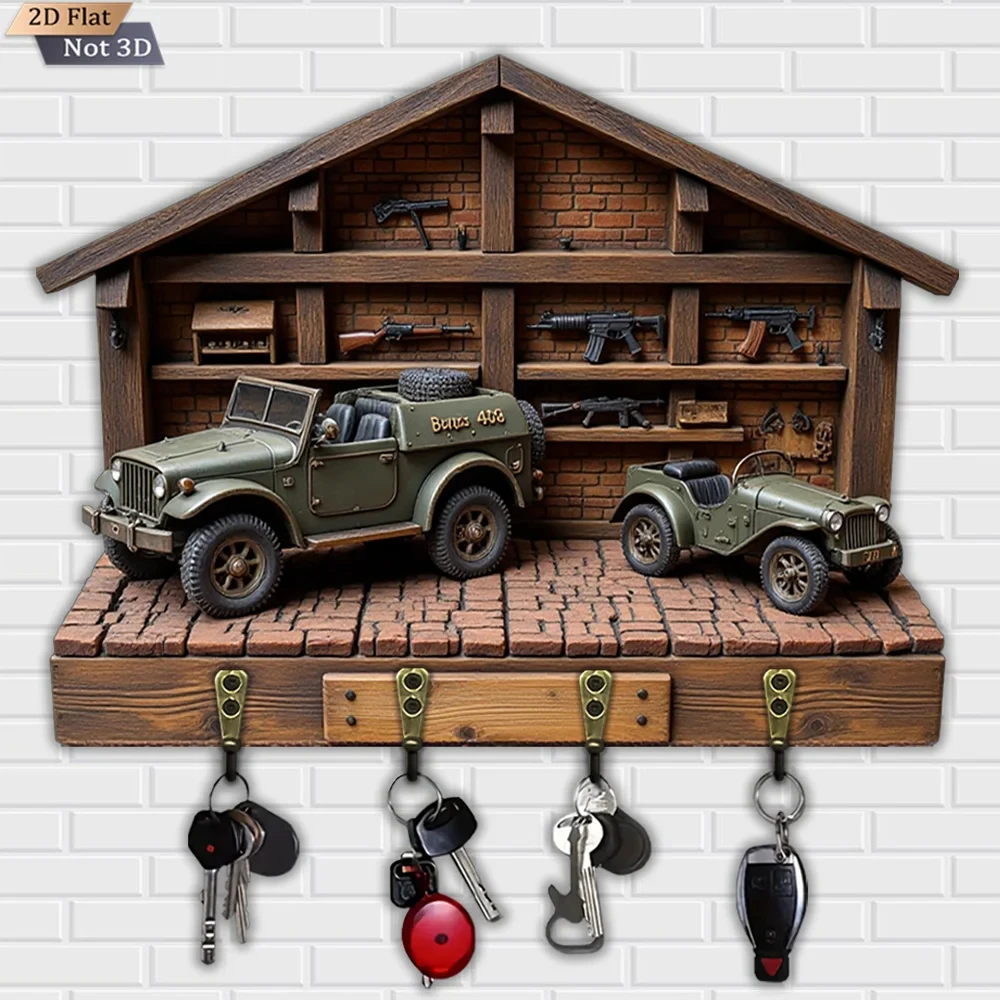 2D Flat, 1pc, Military Model Key Hanger, Wooden Multi-functional Home Key Hanger with Four Metal Hooks, for Wall Decoration,