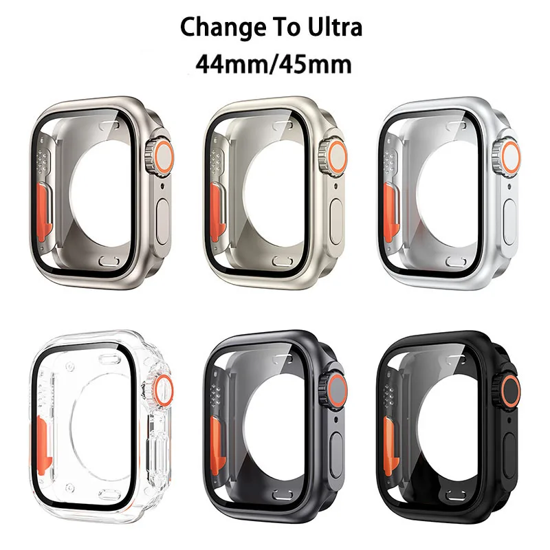 Coque pour Apple Watch 9 8 7, couvercle avant et arrière PC avec protecteur d\'écran en verre trempé pour iWatch 6, 5, 4, se, 41mm, 40mm, 44mm, 45mm