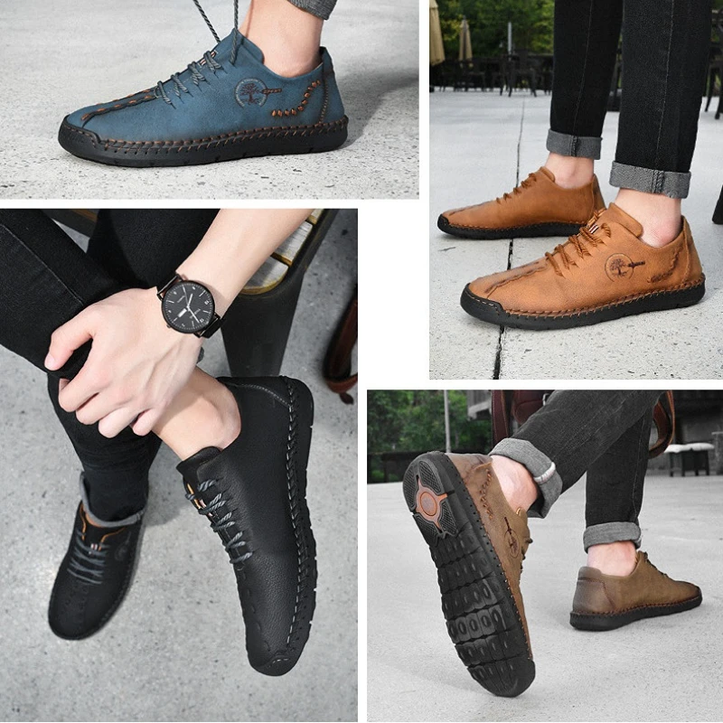 2024 New Handmade Leather Shoes Comfortable  Men Casual Shoes Fashion Men Driving Shoes Lace up Men Flats Повседневные кроссовки