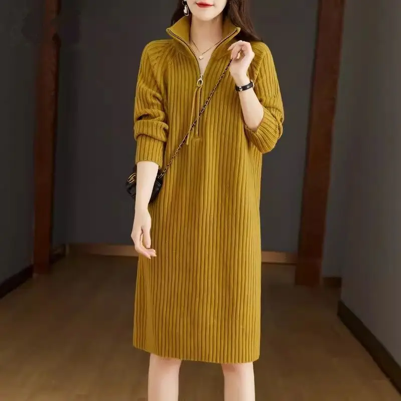 Autumn Winter New Turtleneck Long Sleeve Knitted Dress Women High Street Zipper Patchwork Dresses Elegant All-match Vestidos