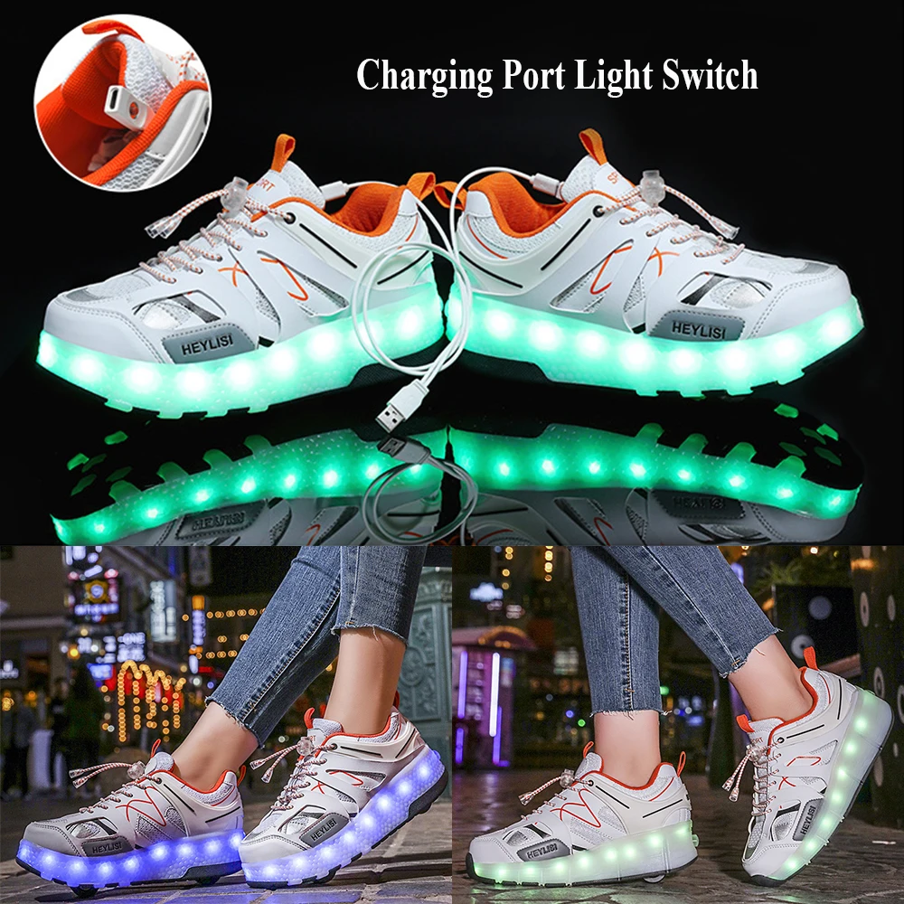 Kids Wheels Shoes With Led Flash Lights Deform Deformation Parkour Runaway Detachable Outdoor Indoor Sport Sneakers Roller Shoes