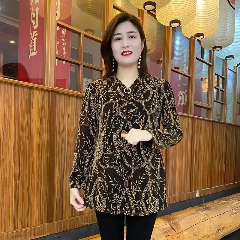 

Весенние новые модные стримеры с длинными рукавами и эластичным принтом, темпераментные утягивающие топы средней длины для среднего и пожилого возраста