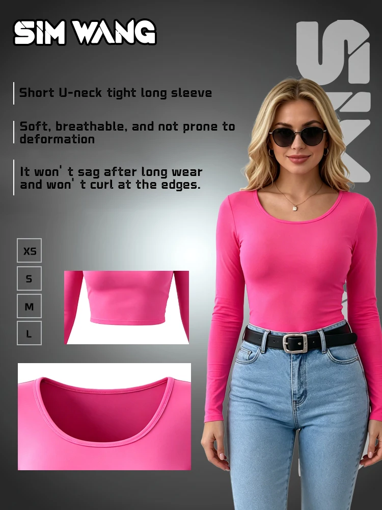 Rose-pink large U-neck short-sleeved top for women - stretchy, tight-fitting, and form-hugging base layer T-shirt