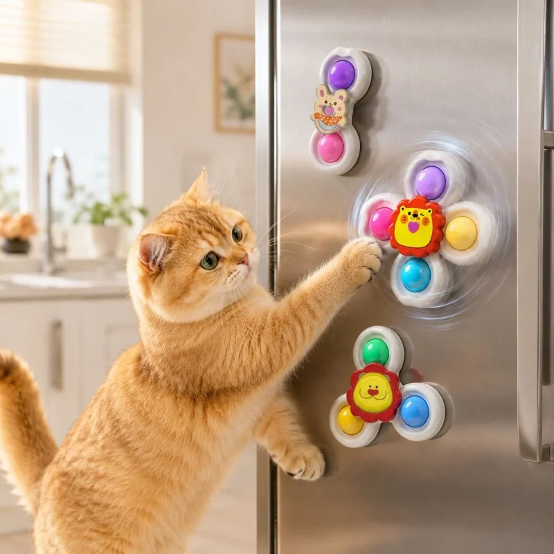 3PCS Kitten Suction Cup Play Toy 360° Rotatable Windmill Bell Stress Relief Pet Accessories