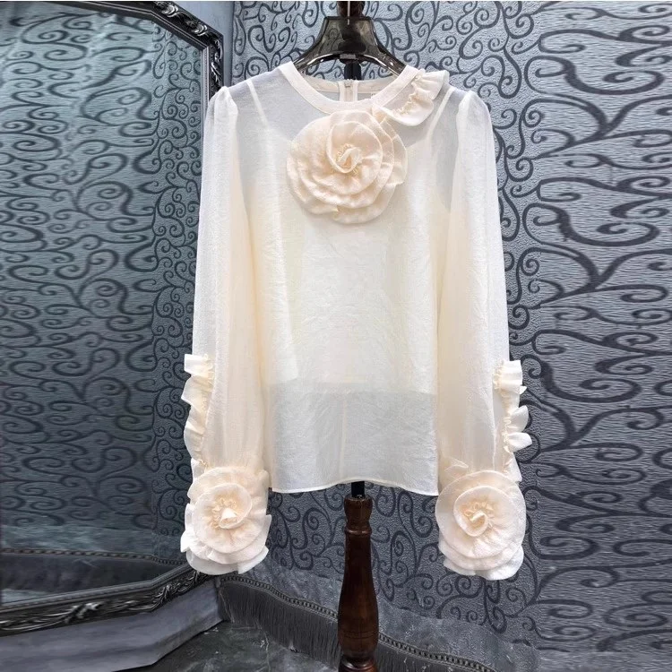 

Top Quality New Fashion Designer Blouse 2024 Spring Summer Style Ladies Appliques Flower Deco Long Sleeve Beige Tops Female