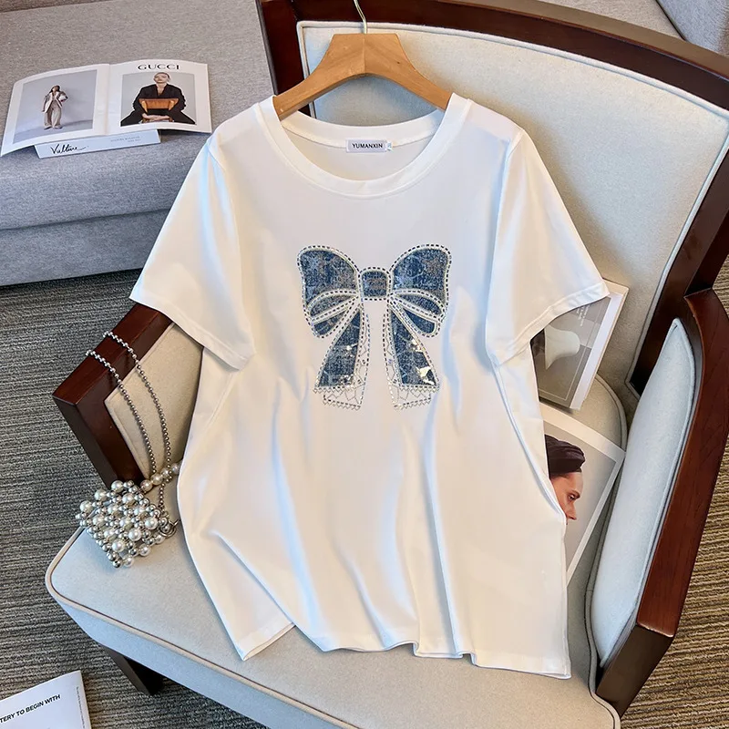 

170Kg Plus Size Women's Bust 170 Summer Loose O Neck Short Sleeve Bow Printed T-shirt Black White 6XL 7XL 8XL 9XL 10XL 11XL Big