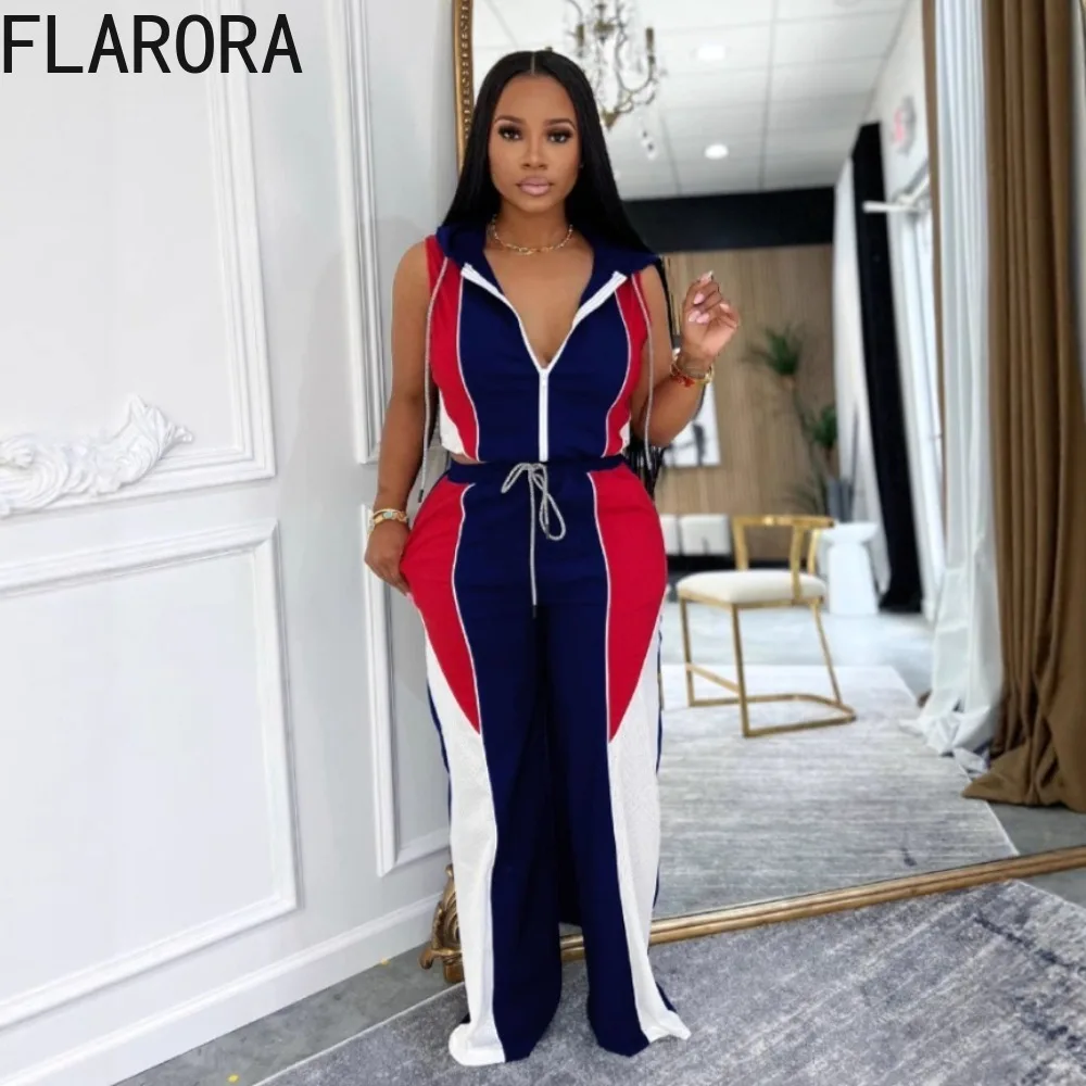 

FLARORA Woman Contrast Patchwork 2 Piece Sets Fashion Sleeveless Zip Hooded Tops And Drawstring Pants Female Street Tracksuits