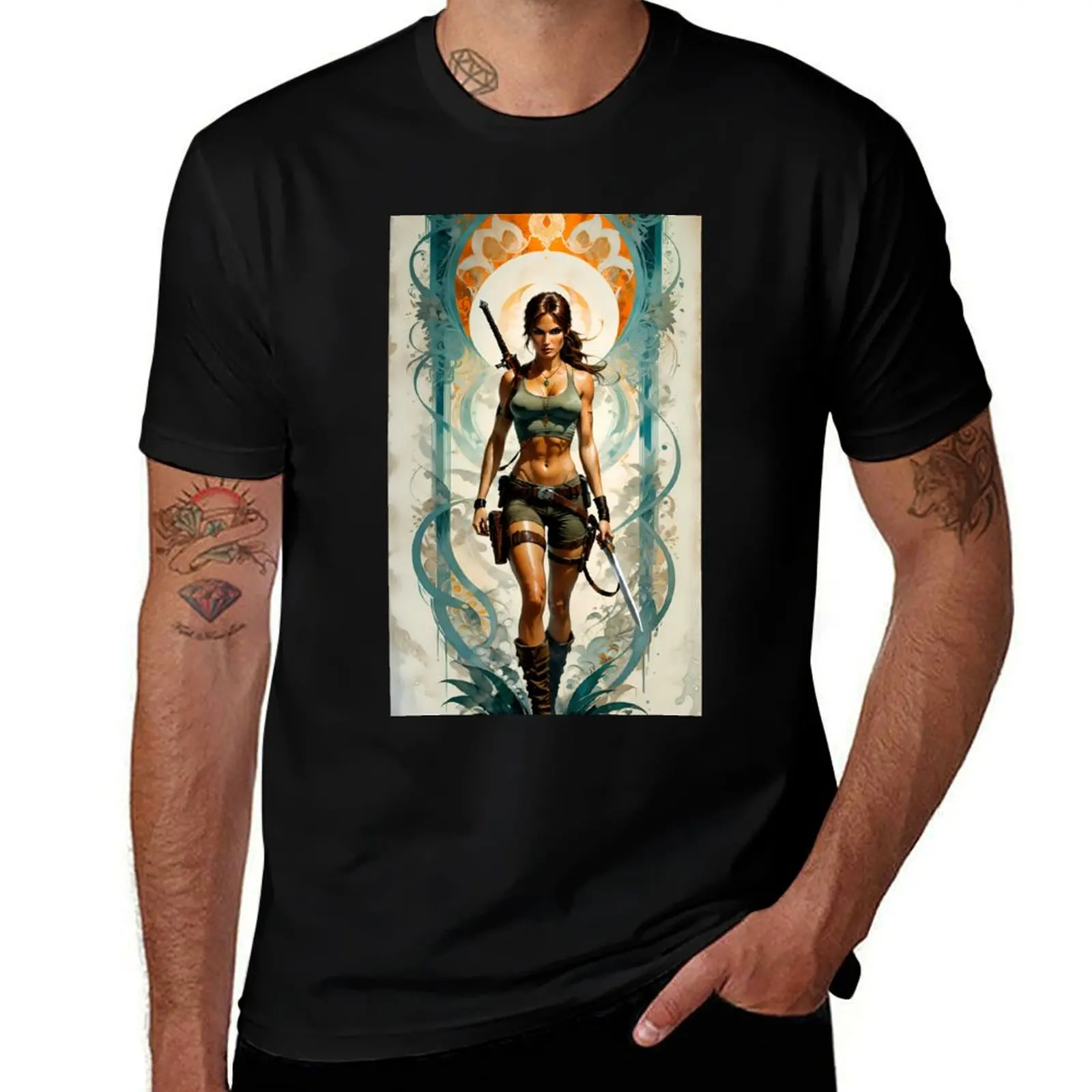 Lara croft inspired art nouveau design T-Shirt Basic Plain Short Sleeve Crew Neck Tee T-Shirt