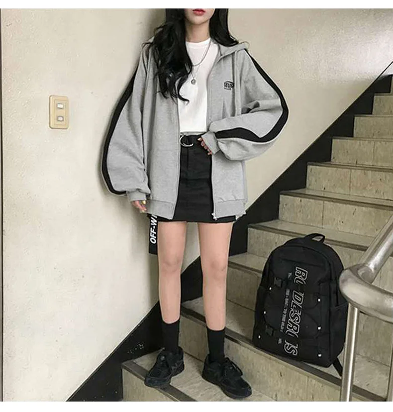 2024 Autumn Warm Gray Zip Up Cardigan Oversized Women Velvet Hoodies Sweatshirts Harajuku Korean Long Sleeve Pocket Jackets Coat