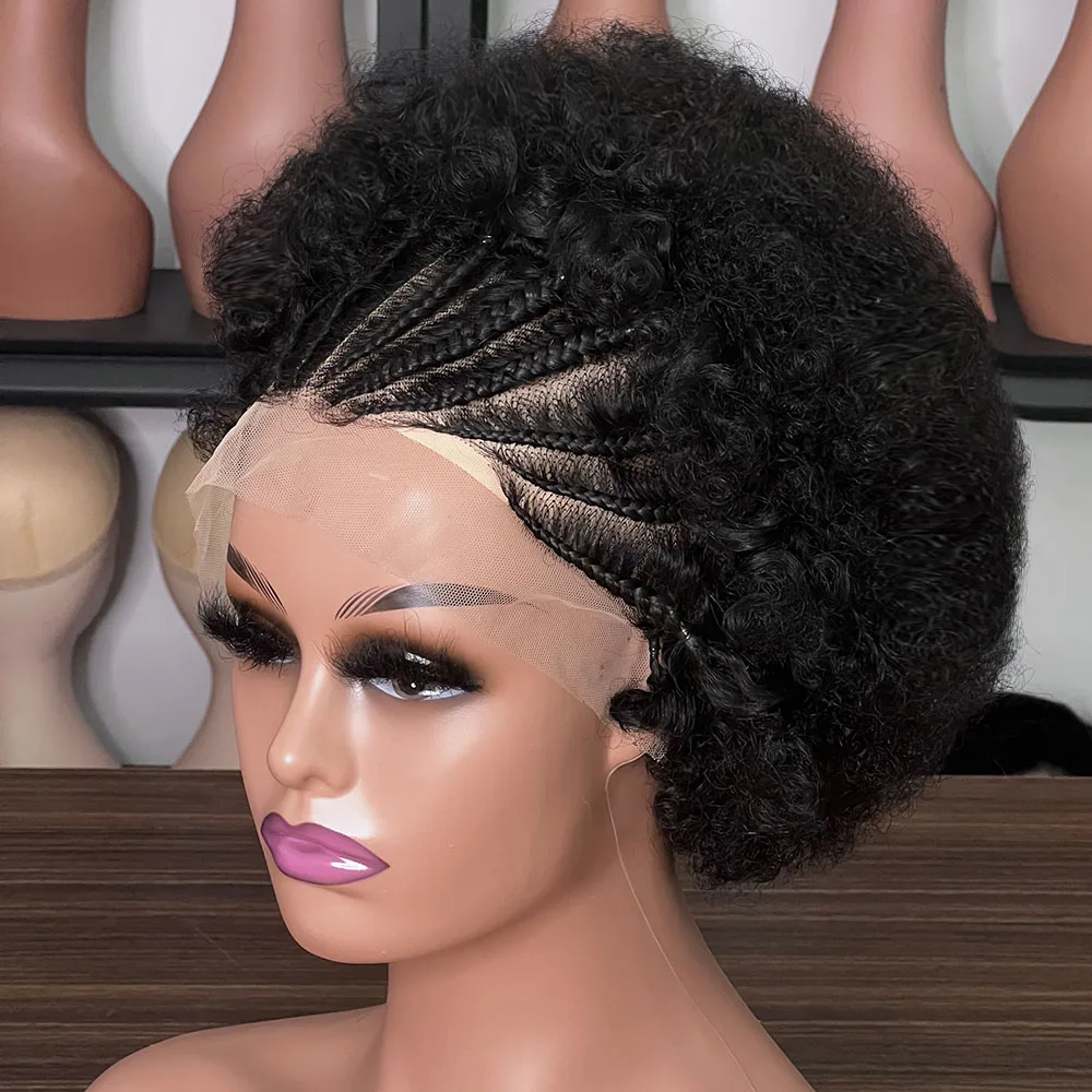 13x4 Lace Braided Wig Handmade Human Hair Afro Lace Frontal Wig Cornrow Soft Afro Kinky Curly Wig Wog for Black Women.