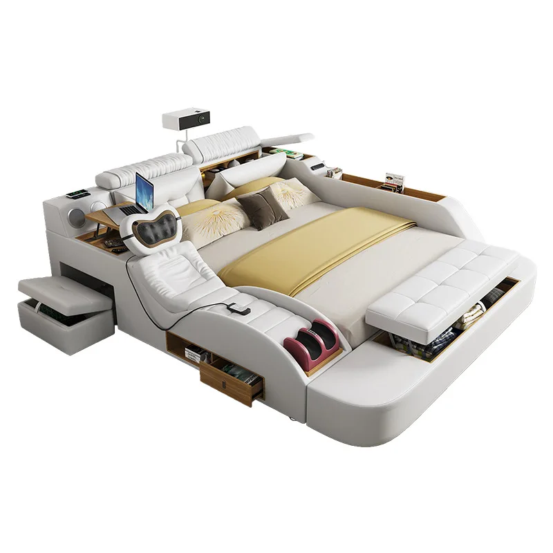 Modern minimalist double projection bed leather massage function multi-functional tatami bedroom storage soft metal bed