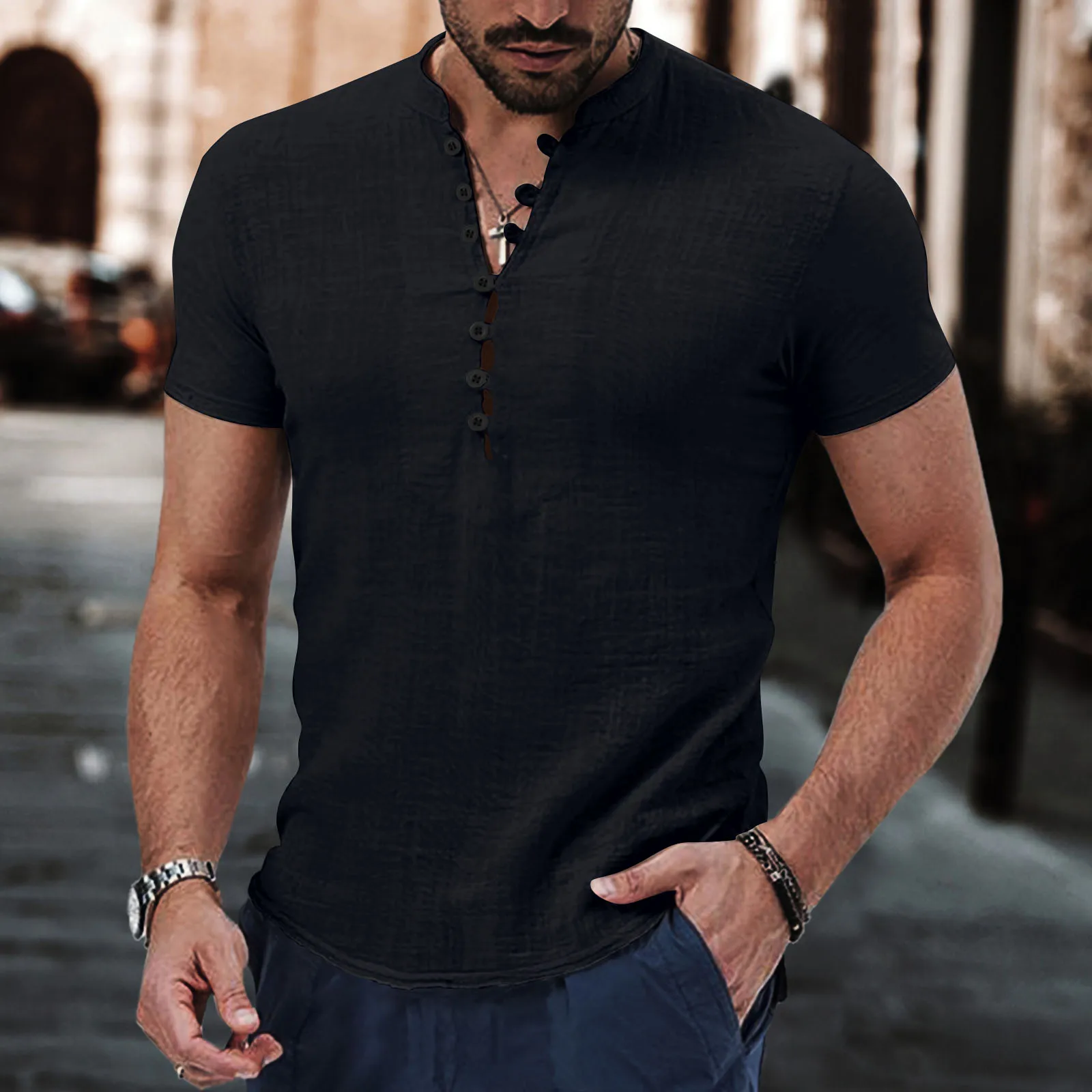 Summer New Men's Fashion Short Sleeve Stand Collar Shirt Casual Streetwear