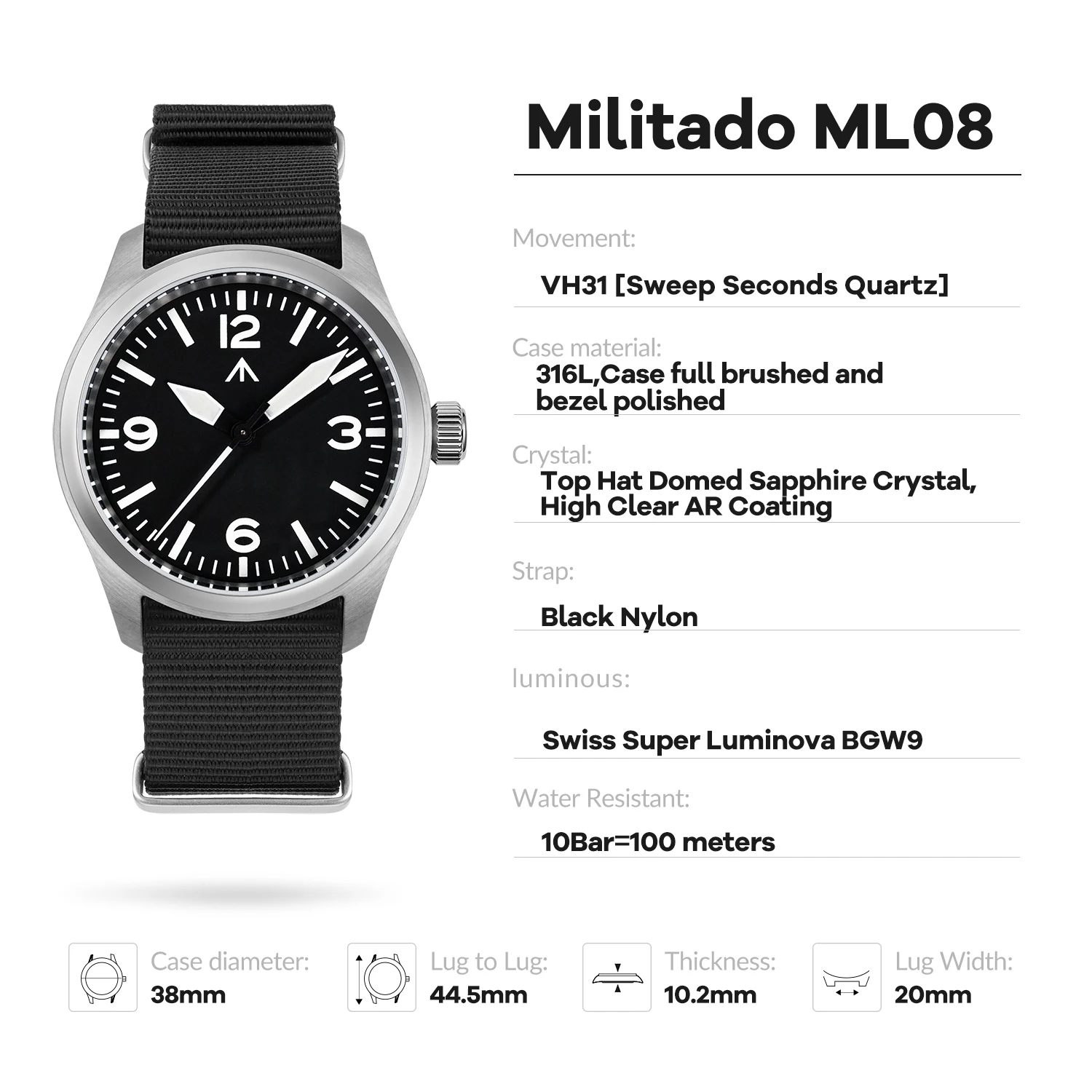 Militado ML08 38 مللي متر ساعة ميدانية VH31 سويب ثانية حركة كوارتز 100 متر مقاوم للماء 316L الفولاذ المقاوم للصدأ الياقوت ساعات مضيئة #6