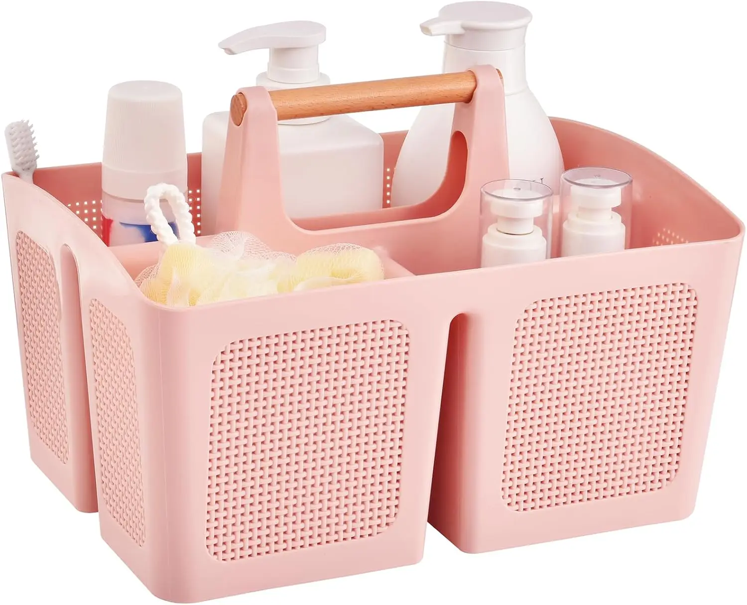 

Portable Shower Caddy Basket with Compartments, Plastic Divided Organizer Tote with Handle for Bathroom, Dorm, Pink
