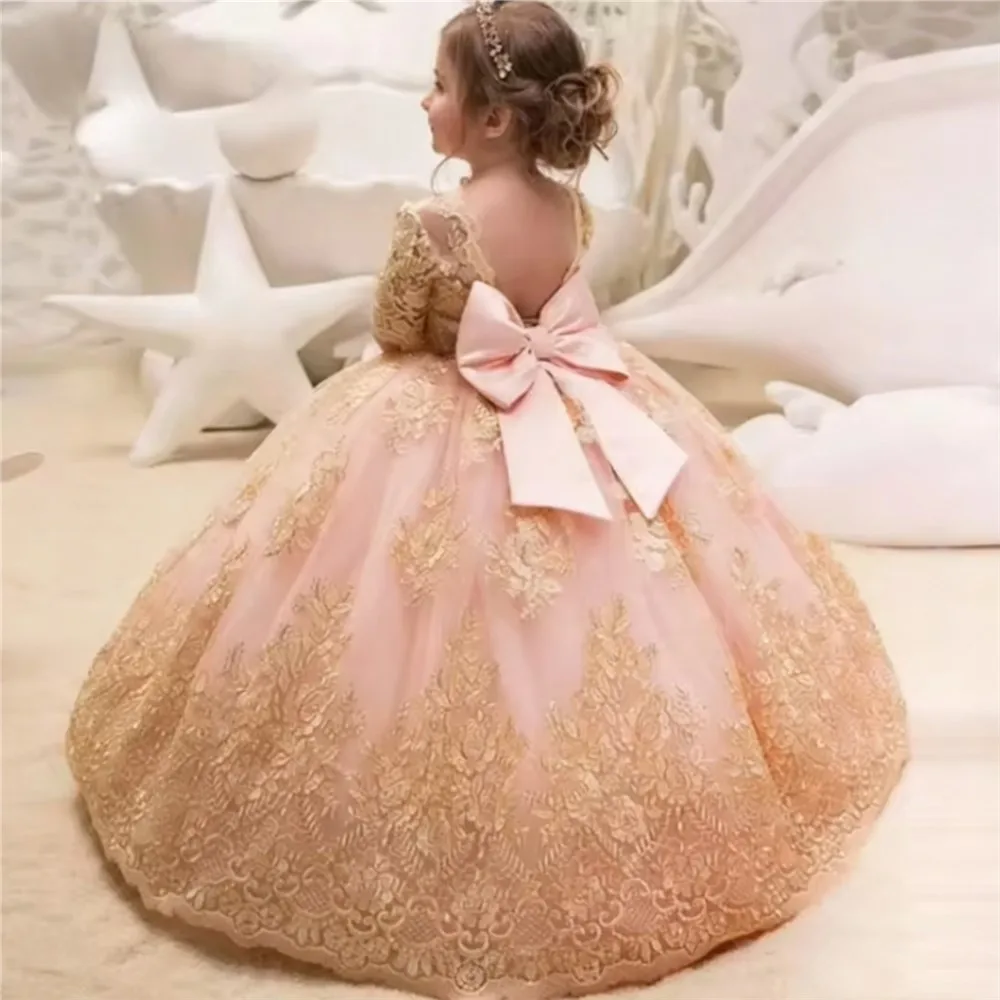 Luxury Lace Flower Girl Wedding Dress Tulle Puffy Appliques with Bow Backless Kids Birthday Party Girl First Communion Ball Gown