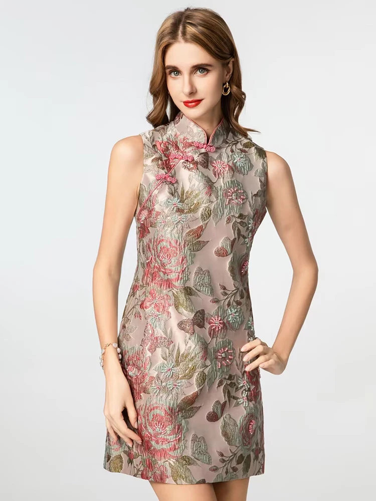 DSFACAIRIJ Mini abito vintage da donna con perline di cristallo, colletto alla coreana, senza maniche, jacquard, abito estivo alla moda