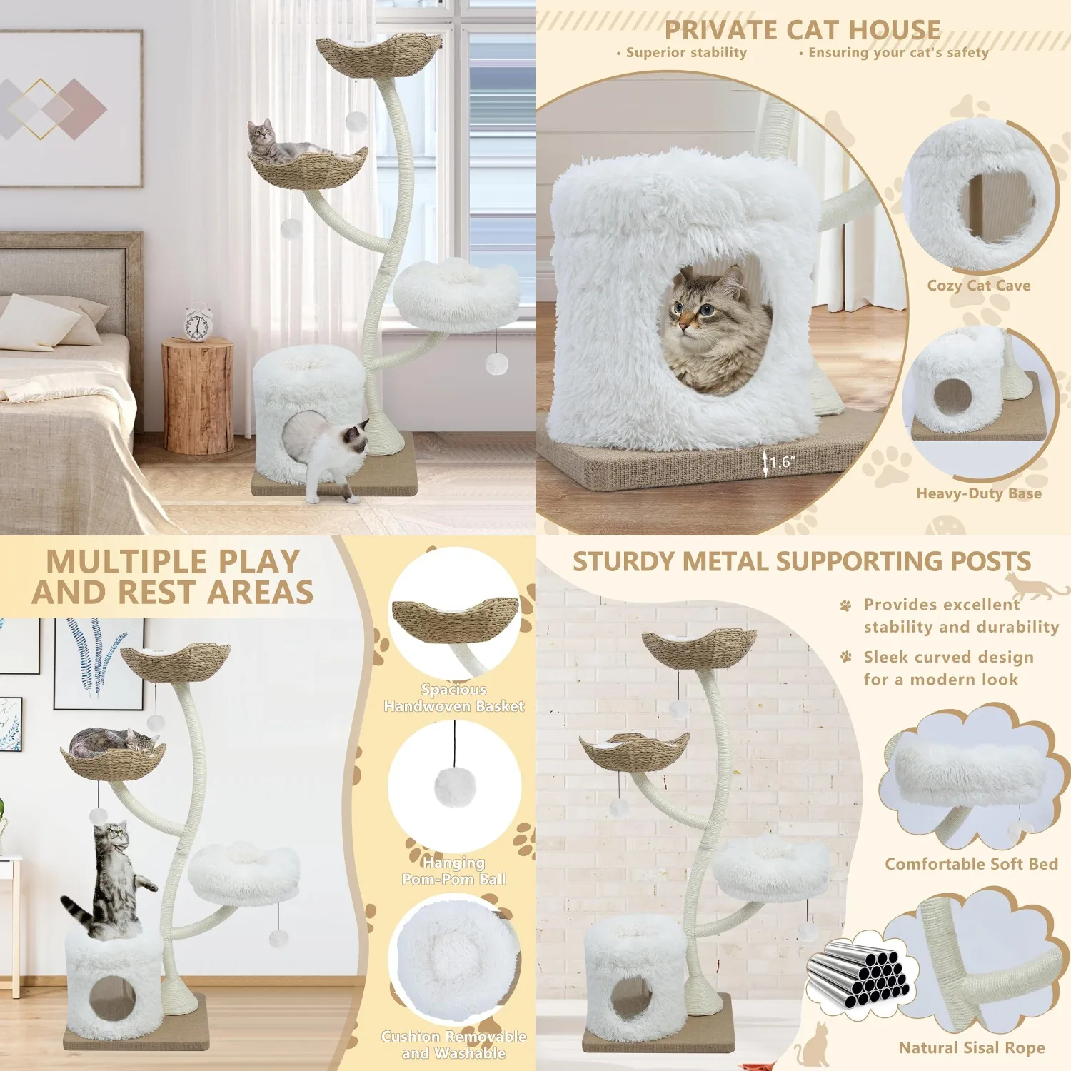 

63” Tall Cat Tree Tower for Indoor Cats, Multi-Level Large Cat Climbing Furniture with Scratching Posts, Soft, Customized