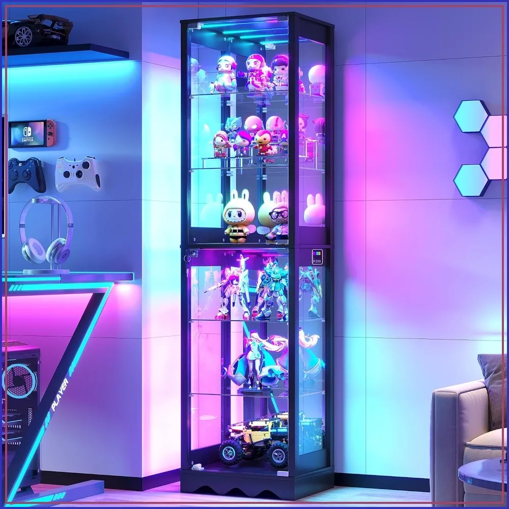 6 Tier Glass Display Cabinet with RGB Lights, Tall Curio Shelf for Living Room Bedroom Office