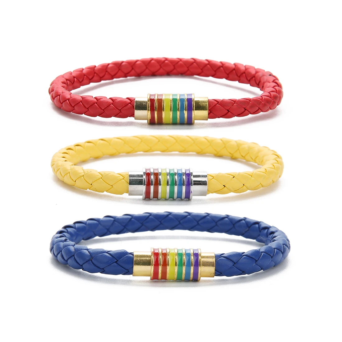 Wide 6mm 19/21cm PU Leather Rope Bracelets Rainbow Color Copper Magnetic Buckle Bangles for Women Men Festival Jewelry Gifts