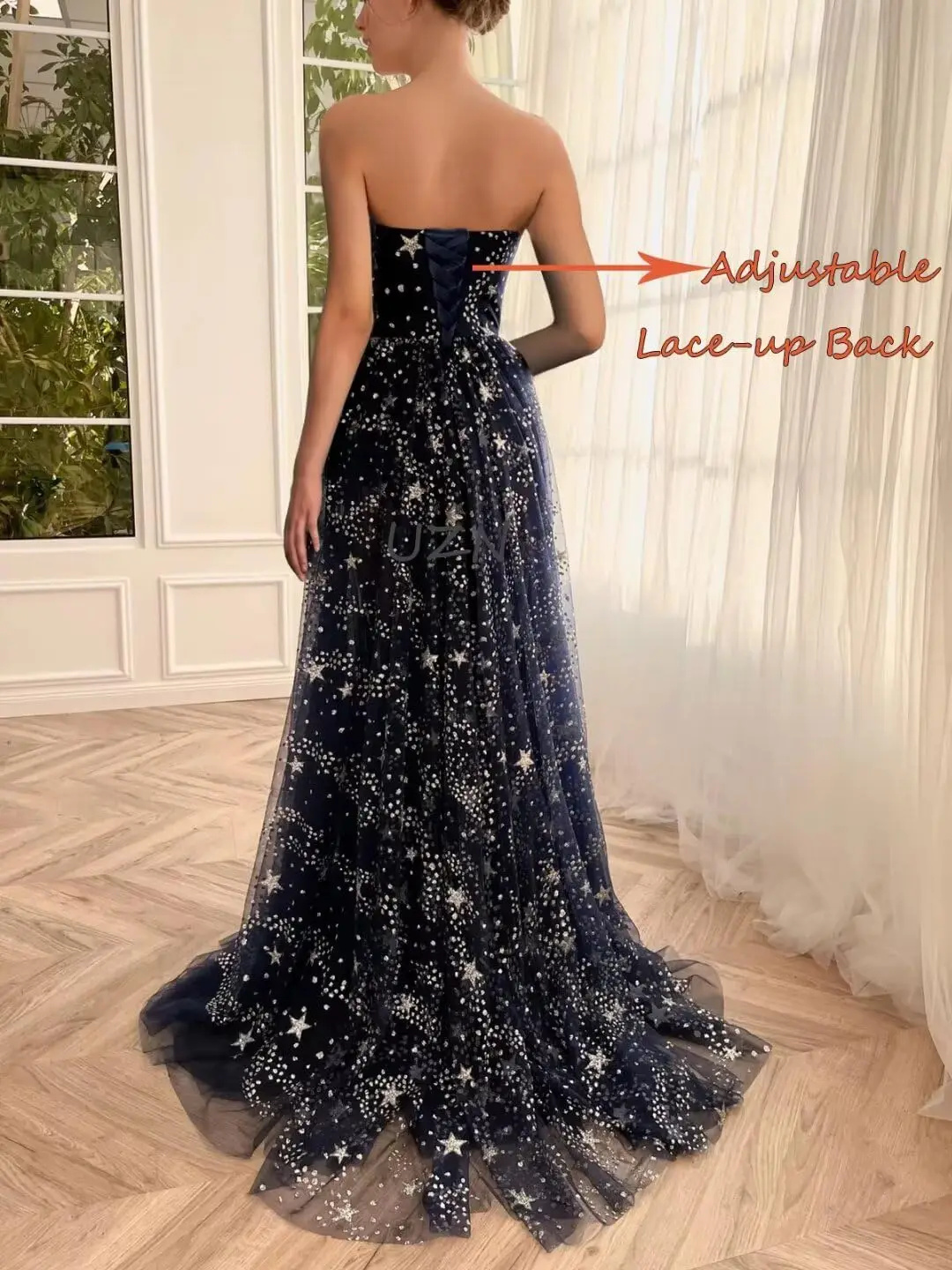 Vestidos de fiesta de tul estrellado brillante para mujer, vestidos de fiesta de noche formales largos sin tirantes con hendidura