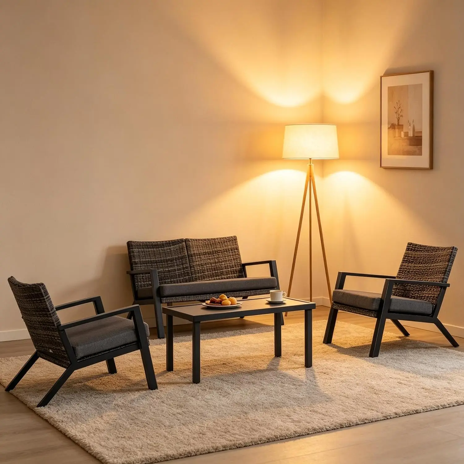 4-Piece Outdoor Rattan Sofa Set with Loveseat 2 Chairs & Coffee Table PE Wicker Garden Dining Set, Customized