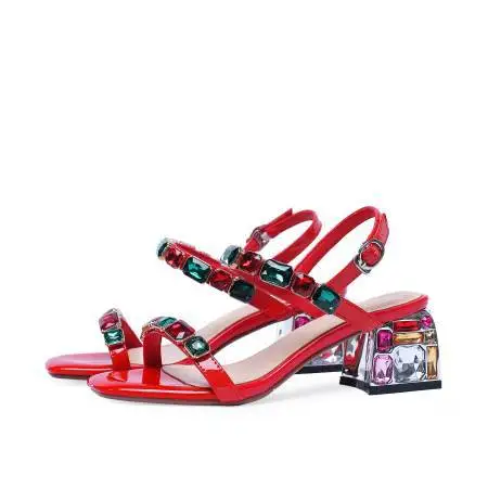 BlingBling Crystal Round Toe Summer Women Sandals Chunky High Heels Buckle Strap Design Large Size Fashion Shoes