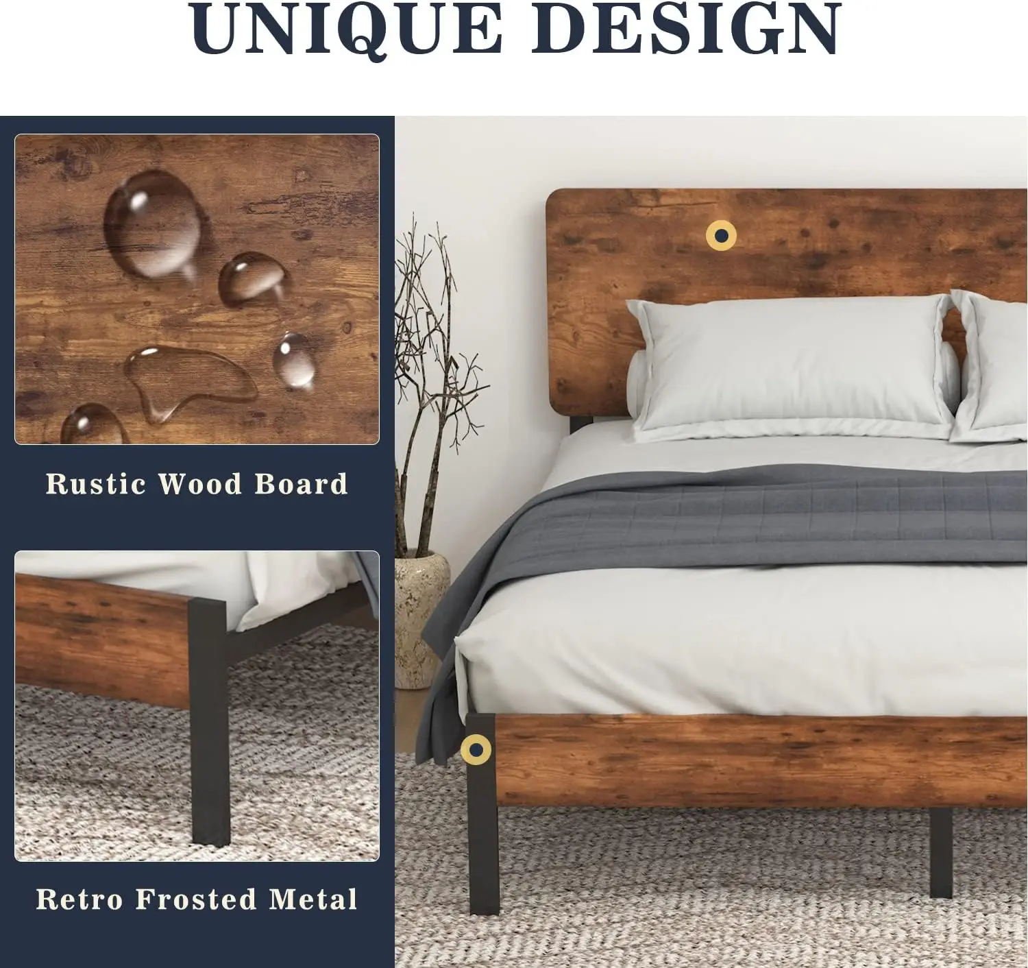 Full Size Platform Bed Frame with Wood headboard and Metal Slats/Rustic Country Style Mattress Foundation/Box Spring Optiona