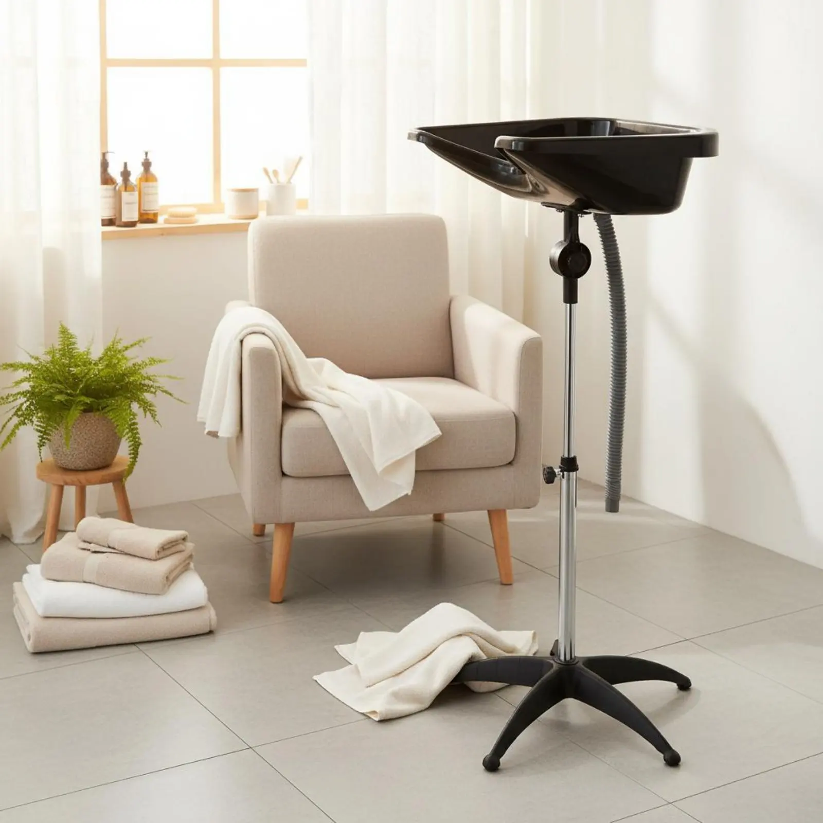 

Portable Shampoo Bowl with Stand Stable Radial Base Freestanding Salon Sink Home Health Aid Easy Assembly for Women
