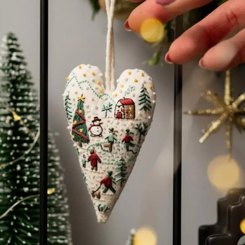 

DIY Heart Shaped Hand Embroidered Christmas Ornament Kit, Christmas Embroidery Kit with Needles and Thread, Gifts for Beginners