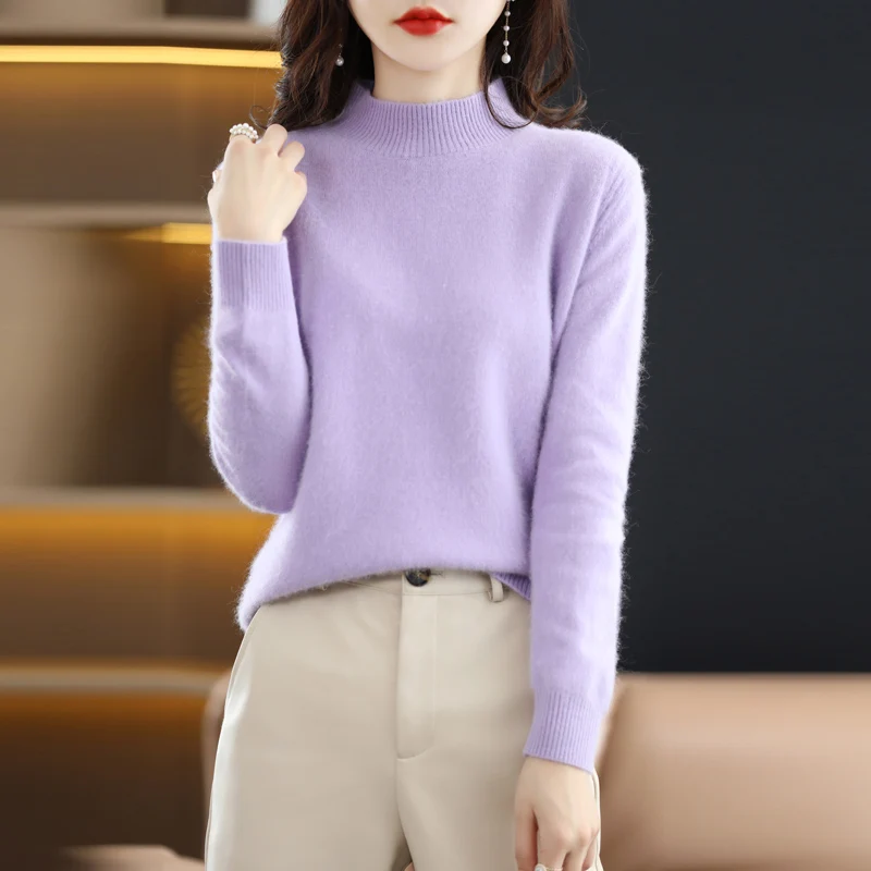 2024 Autumn/Winter New Women\'s Mink Cashmere Sweater With Semi High Collar Loose Fit Slimming Warm Long Sleeved Knitted Pullover