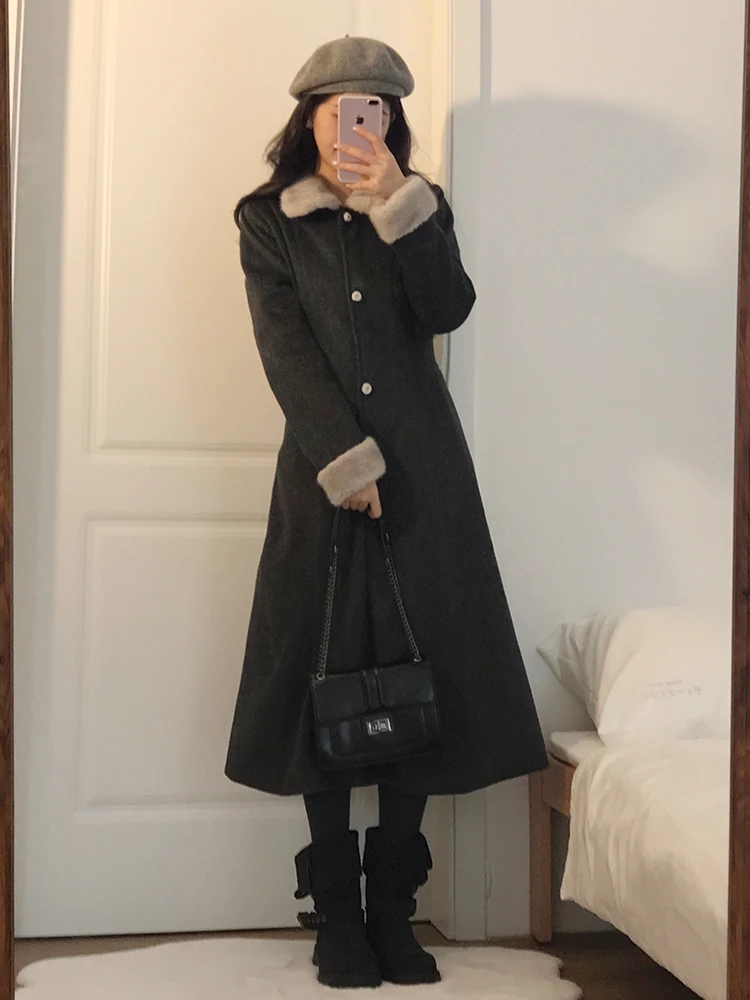 

ay Long Woolen Coat Women's Winter New Sle Slimming Waist Design Korean Version Loose Fit Polyester Fiber Single Button