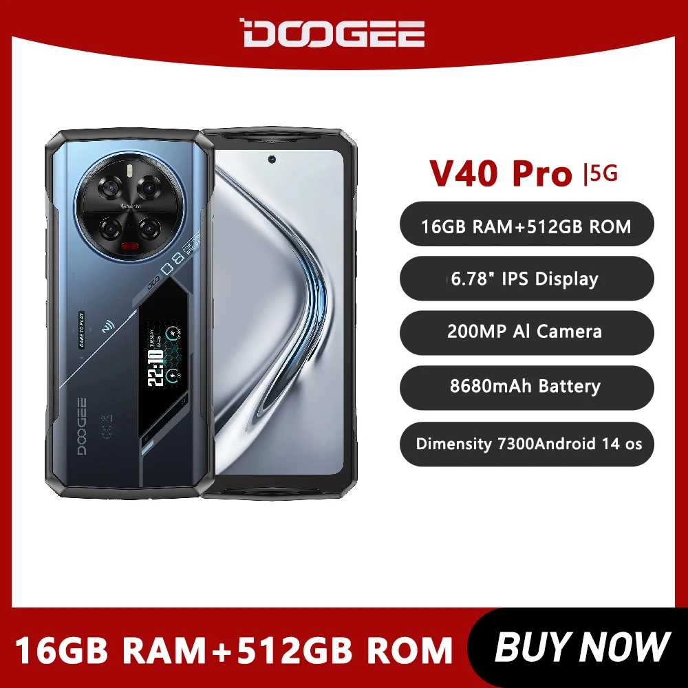 Doogee v40 pro telefone robusto 6.78 "tela ip5 5g 16g6 512g6 dimensão7300 4nm 200mp al câmera 8680mah telefone móvel android 14