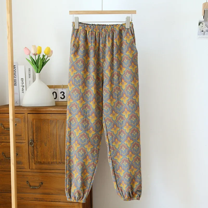 2024 Lipline Neue Damen-Pyjamahose, 100 % Baumwolle, Nahaufnahmehose, farbig gewebte Blumen-Haushose, Damen-Mückensichere Hose