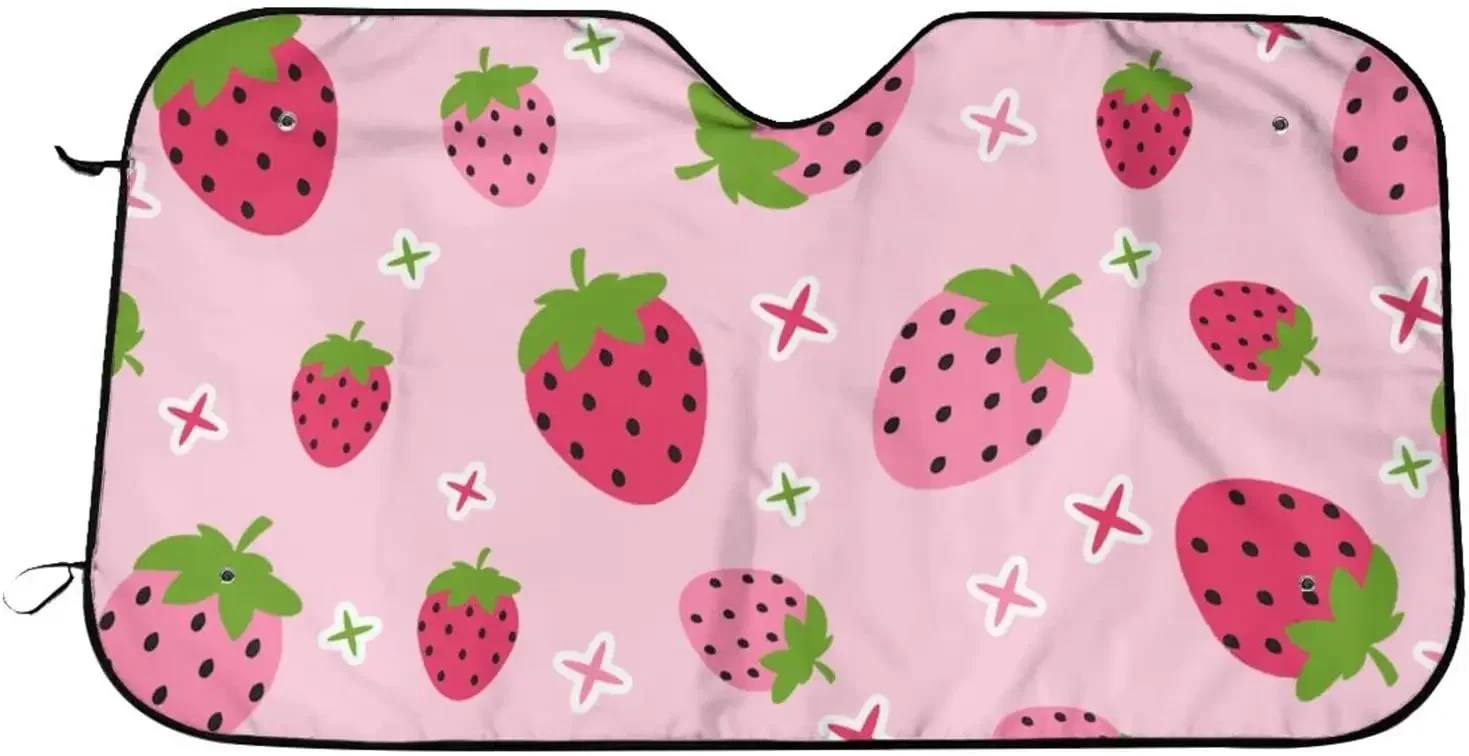 Cute Strawberry Car Windshield Sun Shade Pink Summer Fruits Sunshades Reflective UV Rays Protector Keep Your Vehicle Cool Visor