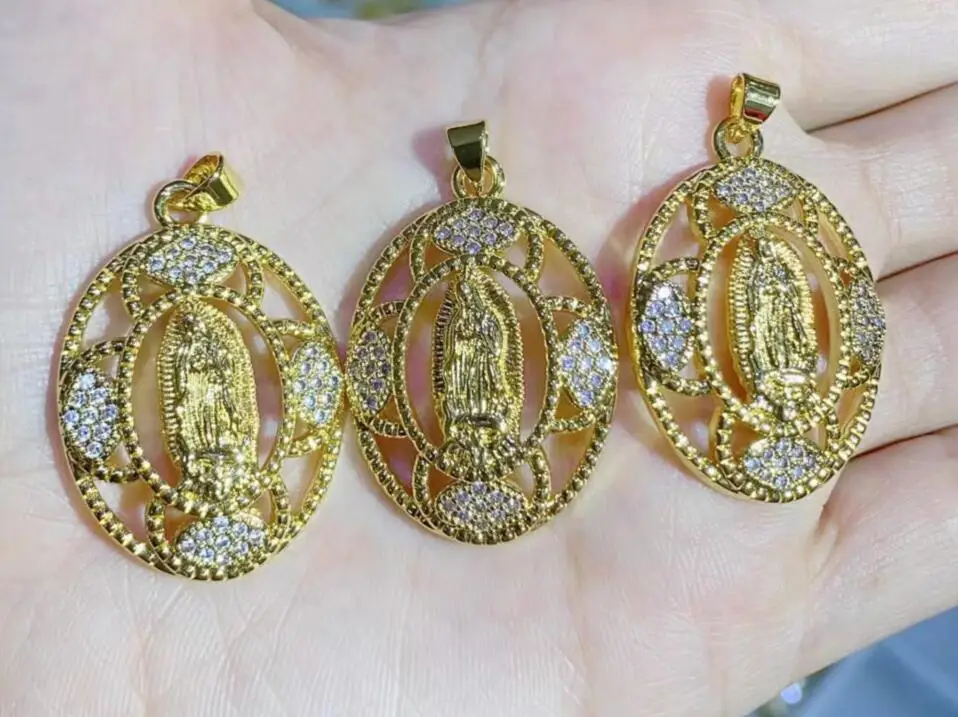 CZ Stone Coin Virgin Mary Necklace Charms for Jewelry Making Gold Jesus Pendant    Wholesale ft4s