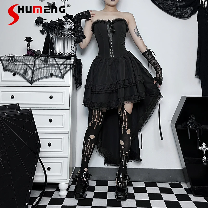 Gothic Black Lolita Rock Dress Female Lace Stitching Waist Strapless Subculture Drag Pendulum Irregular Dresses Vestidos Mujer