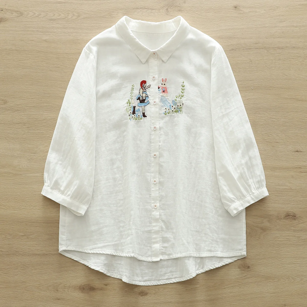 New Spring Cotton Rabbit Embroidery Shirt Women Lapel 3/4 Sleeve Commute Tops Girl Loose Versatile Blouses 2024 Autumn T45310QC