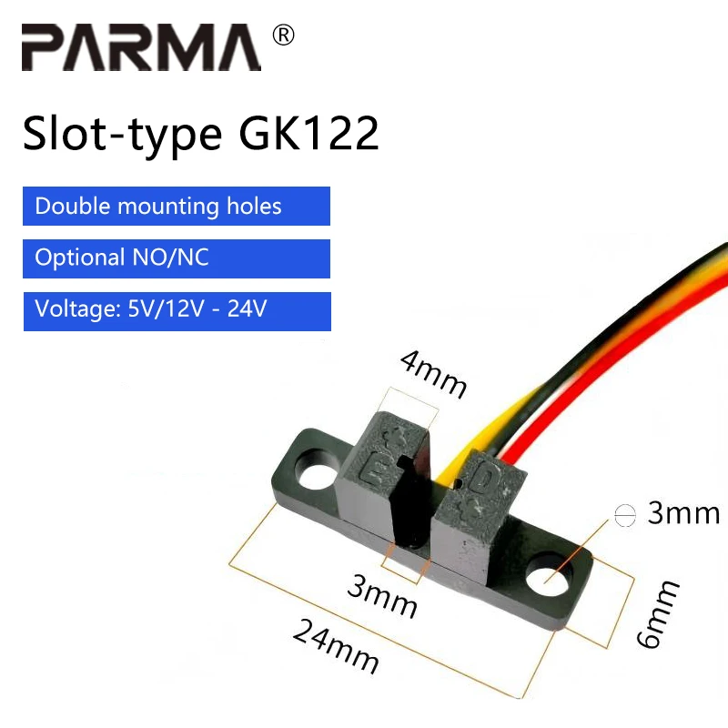 U-shaped GK122 slot-type photoelectric switch with 3mm slot width, double installation holes, counting belt, 5V, 24V, 12V