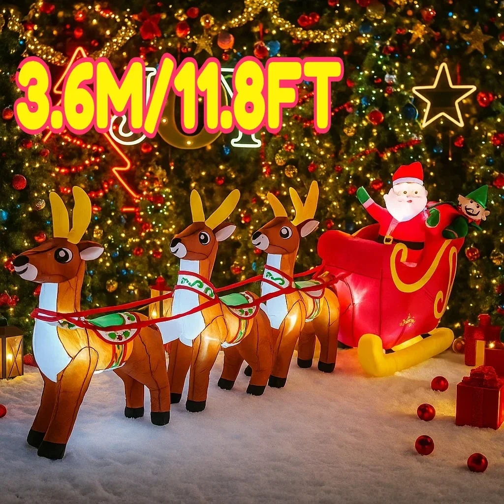3.6M/11.8FT Inflatable Reindeer Santa Sleigh JOY Lights LED Home Yard Xmas Supplies Outdoor Party Prop Holiday Lighting Decor
