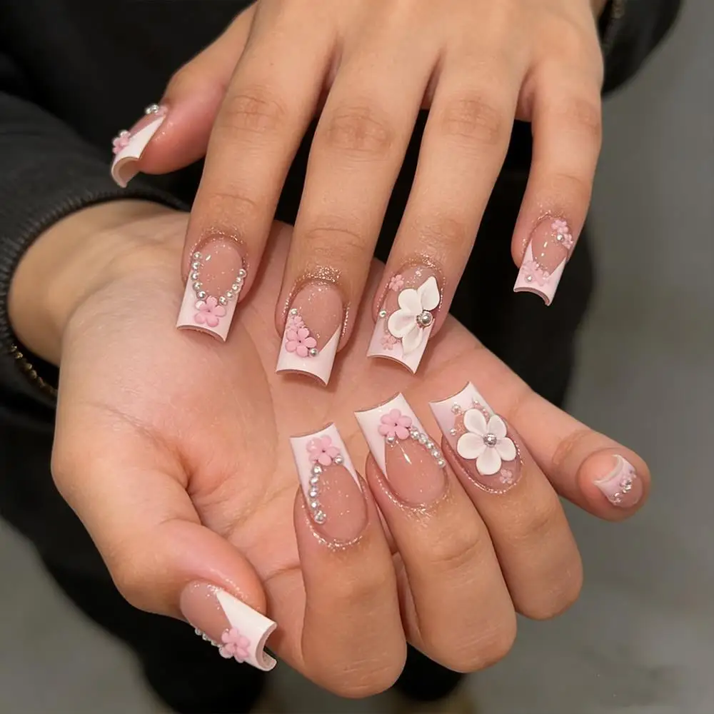 24Pcs Sweet Ballet French Tips Press On Nails with 3D Flower Pearl Long Coffin Fake Nails for Girls Wearable False Fingertips td