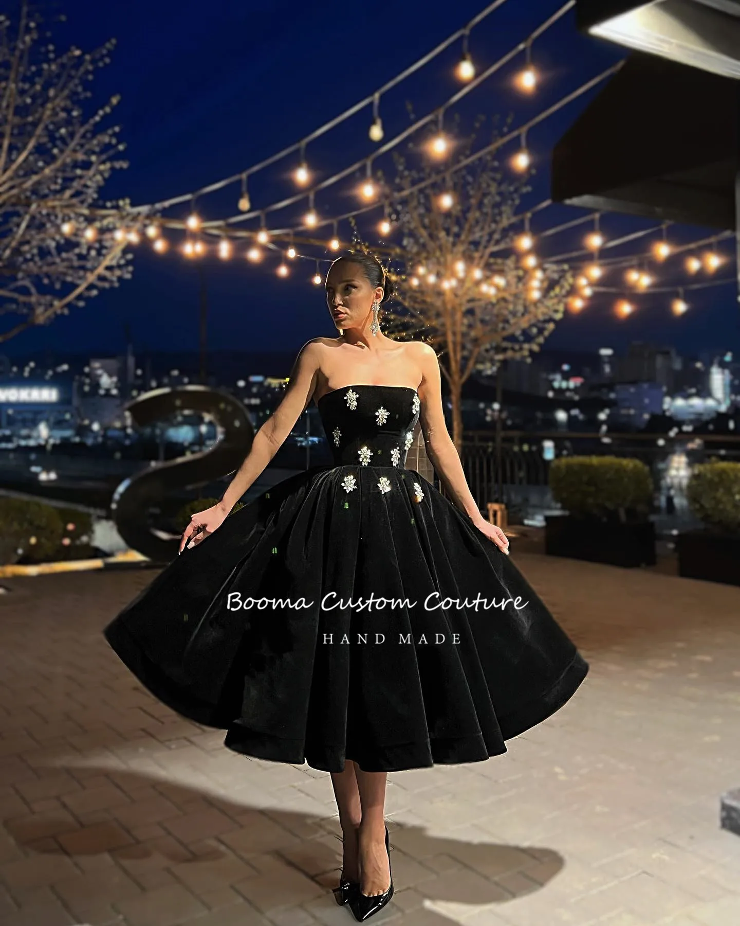 Booma Black Velvet Midi Prom Dresses Strapless Crystals Pleated Formal Party Dresses Tea-Length A-Line Evening Gowns Customized