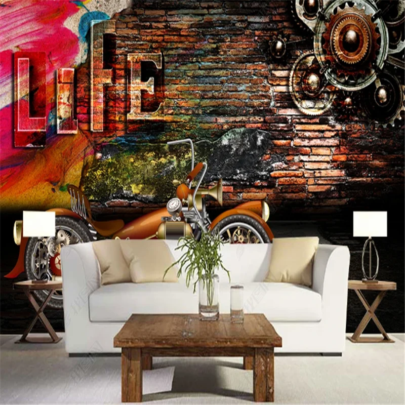 Retro Brick Wall Paper Motorcycle Wallpapers Industrial Decoration Tooling Restaurant Bar Background Mural papel de parede