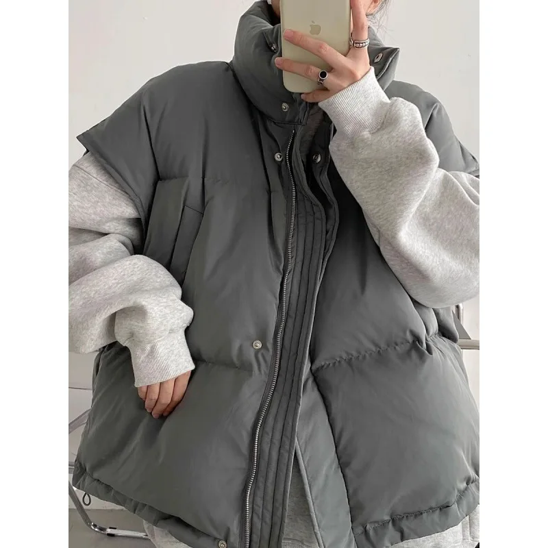 

Sleeveless Vest Parkas Women Stand Collar Covered Button Cardigan Spliced Zippers Solid Parka Loose High Street Pockets